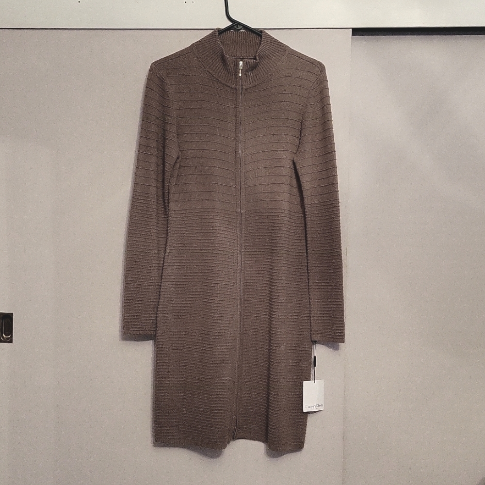 Calvin Klein Taupe Mock Neck Gold Zipper Long Sleeve